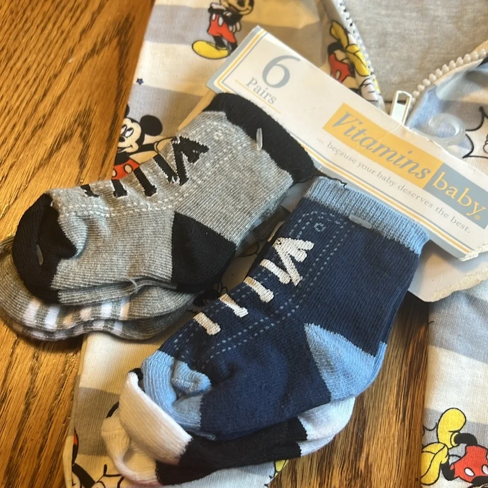 Disney & Carters 3-6 month NWT plaid shirt and romper bundle with socks